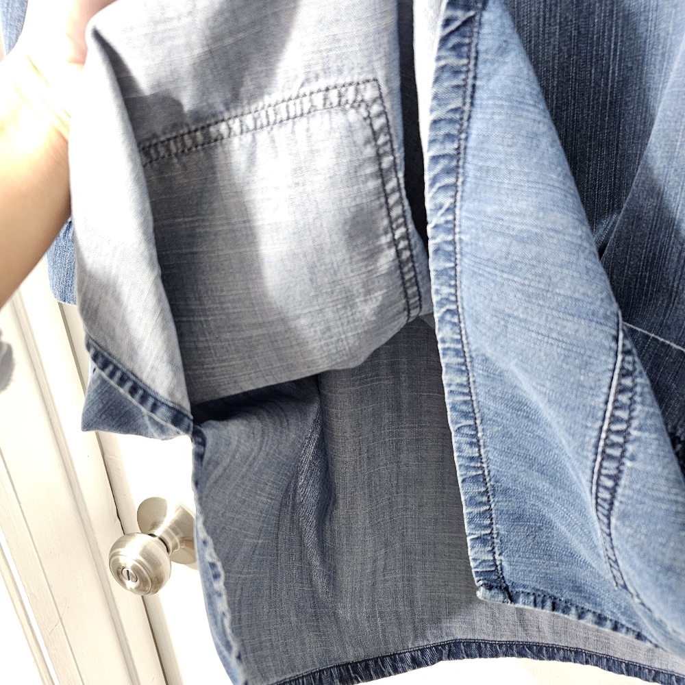 EILEEN FISHER Size Small Blue Boatneck Denim 3/4 Sleeve Top With Pockets - Picture 11 of 16